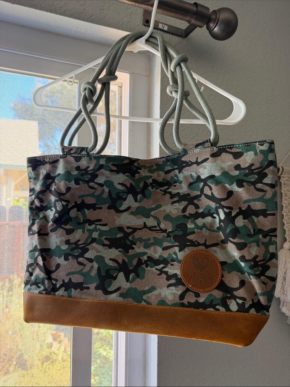 Camo Tote Bag with Brown Trim